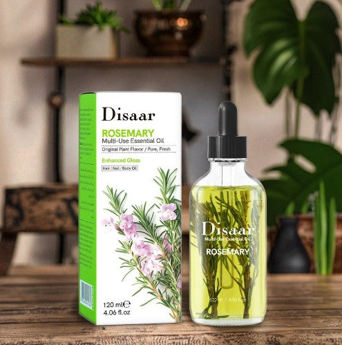 Hair and skin revitalizing oil for healthy shine and nourishment. | Lightweight non-greasy essential oil for daily beauty care. | Rosemary oil for scalp health, hair growth, and smooth skin